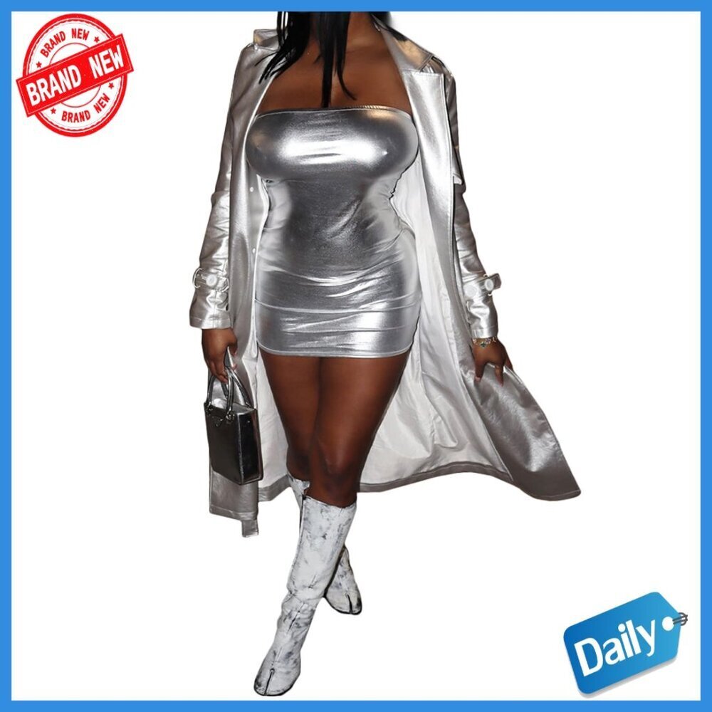Silver Metallic Trench Coat with Belt, Lapels, Knee Length, Polyester Spandex